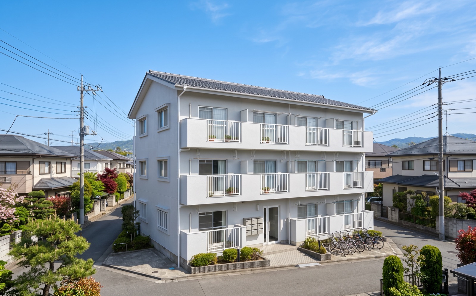 塗装を終えた低層の建物